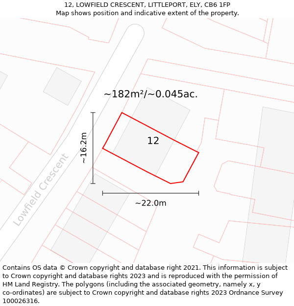 12, LOWFIELD CRESCENT, LITTLEPORT, ELY, CB6 1FP: Plot and title map