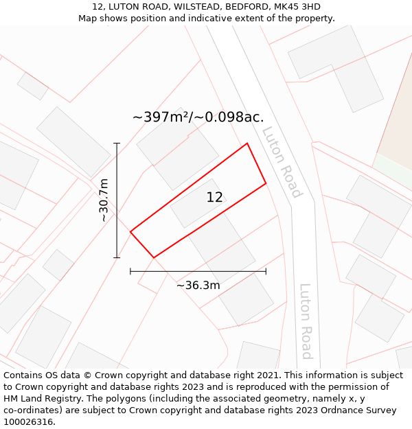 12, LUTON ROAD, WILSTEAD, BEDFORD, MK45 3HD: Plot and title map