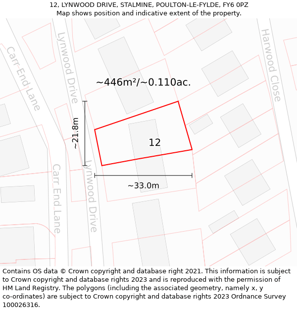 12, LYNWOOD DRIVE, STALMINE, POULTON-LE-FYLDE, FY6 0PZ: Plot and title map