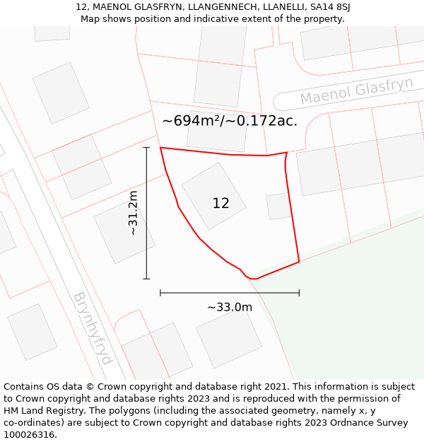 12, MAENOL GLASFRYN, LLANGENNECH, LLANELLI, SA14 8SJ: Plot and title map