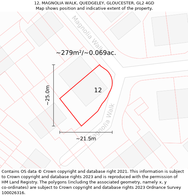 12, MAGNOLIA WALK, QUEDGELEY, GLOUCESTER, GL2 4GD: Plot and title map