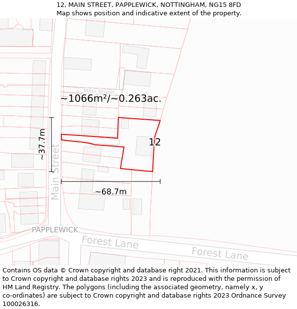 12, MAIN STREET, PAPPLEWICK, NOTTINGHAM, NG15 8FD: Plot and title map