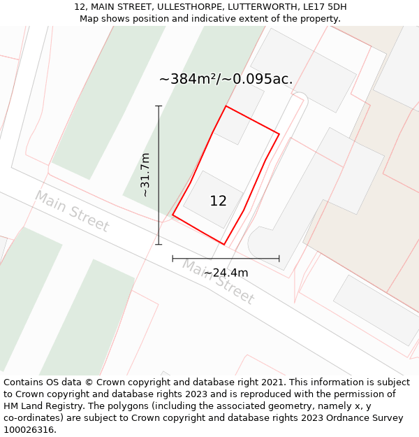 12, MAIN STREET, ULLESTHORPE, LUTTERWORTH, LE17 5DH: Plot and title map