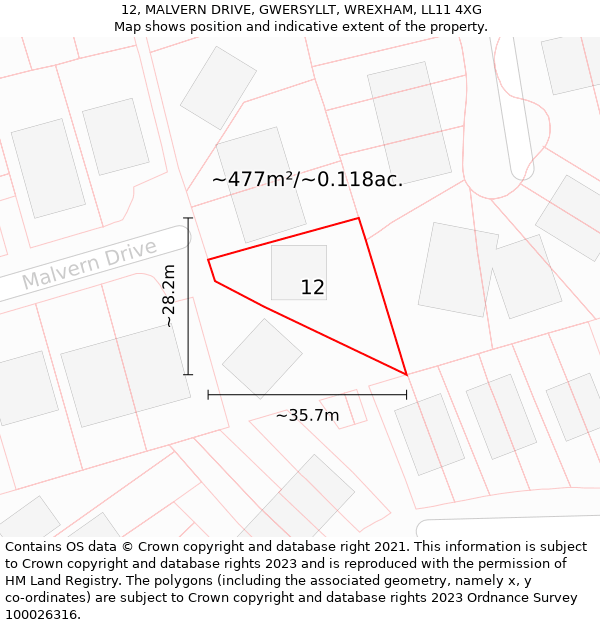 12, MALVERN DRIVE, GWERSYLLT, WREXHAM, LL11 4XG: Plot and title map