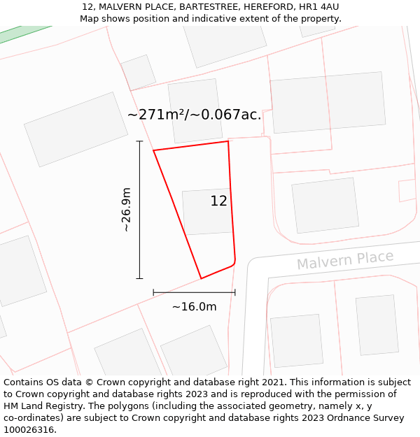 12, MALVERN PLACE, BARTESTREE, HEREFORD, HR1 4AU: Plot and title map