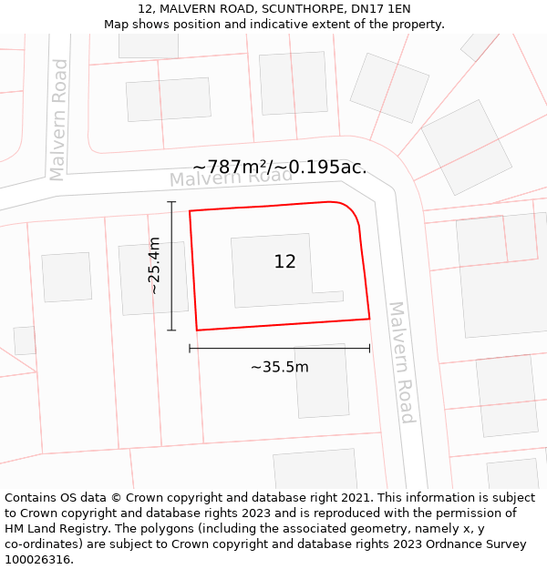 12, MALVERN ROAD, SCUNTHORPE, DN17 1EN: Plot and title map