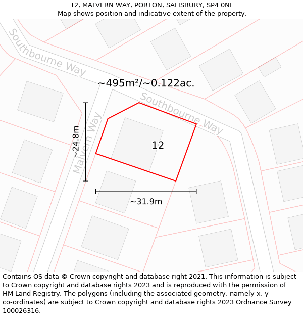 12, MALVERN WAY, PORTON, SALISBURY, SP4 0NL: Plot and title map