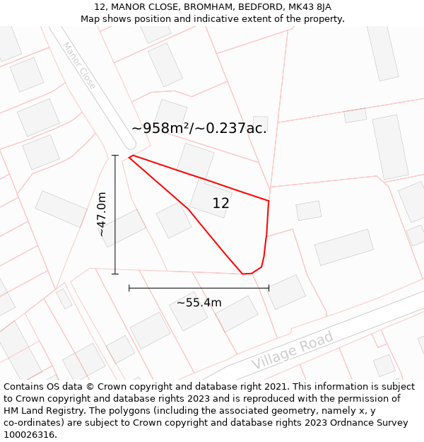 12, MANOR CLOSE, BROMHAM, BEDFORD, MK43 8JA: Plot and title map