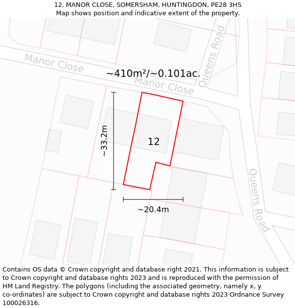 12, MANOR CLOSE, SOMERSHAM, HUNTINGDON, PE28 3HS: Plot and title map