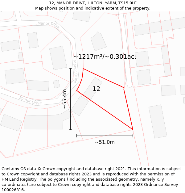 12, MANOR DRIVE, HILTON, YARM, TS15 9LE: Plot and title map