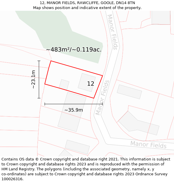 12, MANOR FIELDS, RAWCLIFFE, GOOLE, DN14 8TN: Plot and title map