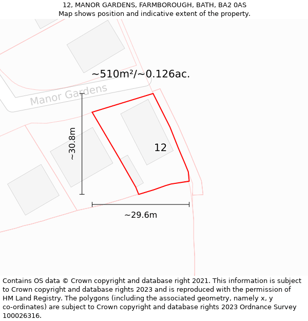 12, MANOR GARDENS, FARMBOROUGH, BATH, BA2 0AS: Plot and title map