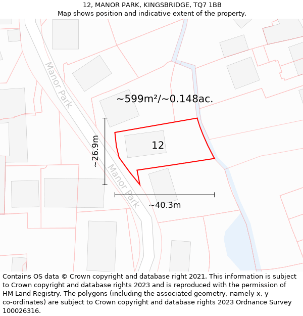 12, MANOR PARK, KINGSBRIDGE, TQ7 1BB: Plot and title map