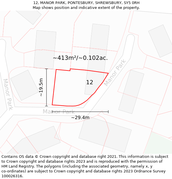 12, MANOR PARK, PONTESBURY, SHREWSBURY, SY5 0RH: Plot and title map