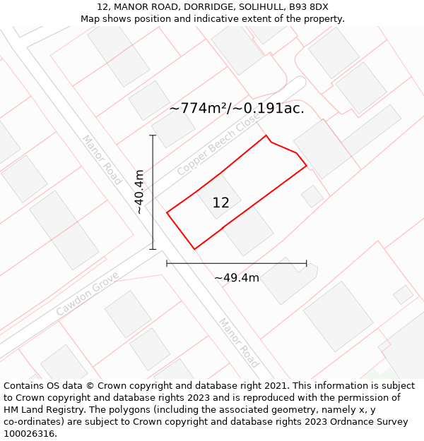 12, MANOR ROAD, DORRIDGE, SOLIHULL, B93 8DX: Plot and title map