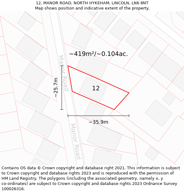 12, MANOR ROAD, NORTH HYKEHAM, LINCOLN, LN6 8NT: Plot and title map