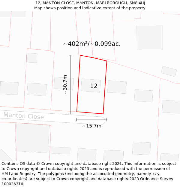 12, MANTON CLOSE, MANTON, MARLBOROUGH, SN8 4HJ: Plot and title map