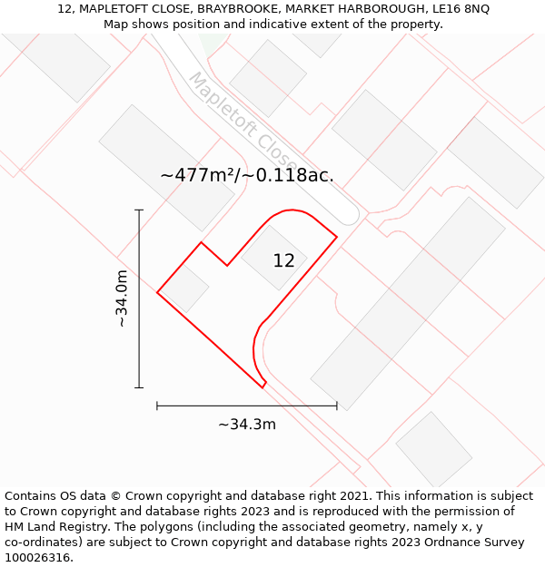 12, MAPLETOFT CLOSE, BRAYBROOKE, MARKET HARBOROUGH, LE16 8NQ: Plot and title map