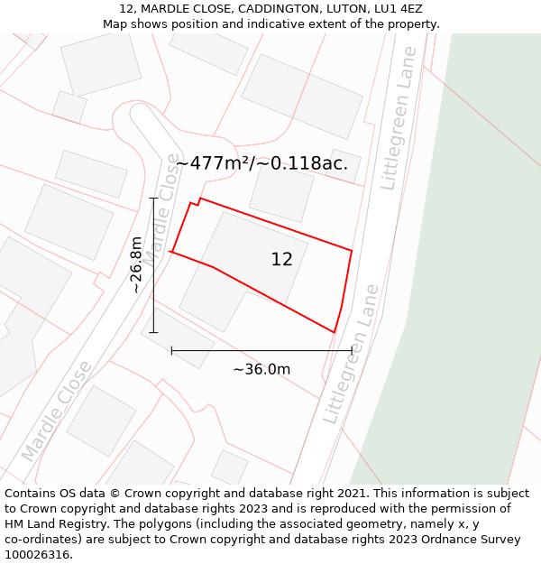 12, MARDLE CLOSE, CADDINGTON, LUTON, LU1 4EZ: Plot and title map