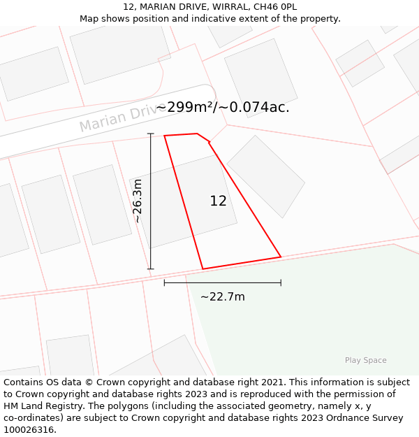 12, MARIAN DRIVE, WIRRAL, CH46 0PL: Plot and title map