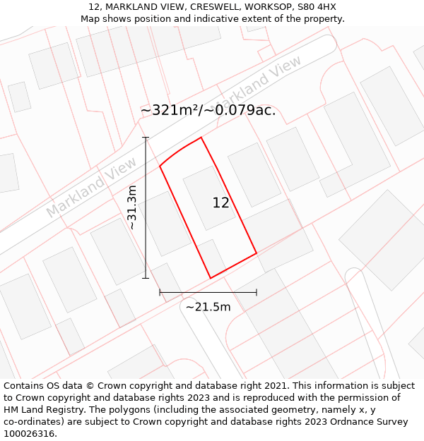 12, MARKLAND VIEW, CRESWELL, WORKSOP, S80 4HX: Plot and title map