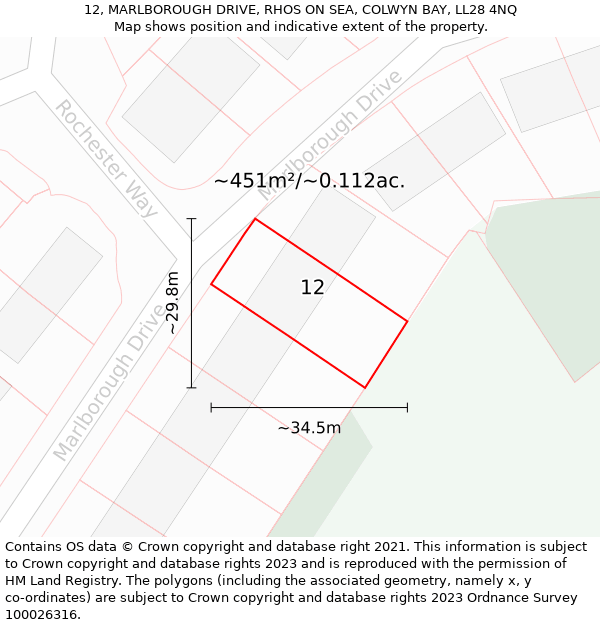 12, MARLBOROUGH DRIVE, RHOS ON SEA, COLWYN BAY, LL28 4NQ: Plot and title map