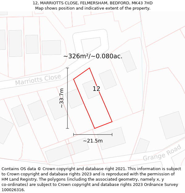 12, MARRIOTTS CLOSE, FELMERSHAM, BEDFORD, MK43 7HD: Plot and title map