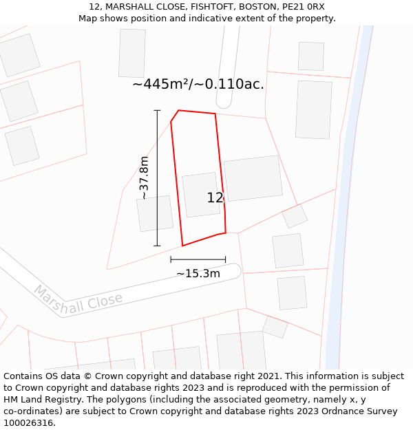 12, MARSHALL CLOSE, FISHTOFT, BOSTON, PE21 0RX: Plot and title map