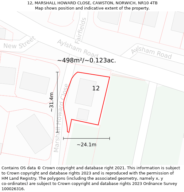 12, MARSHALL HOWARD CLOSE, CAWSTON, NORWICH, NR10 4TB: Plot and title map