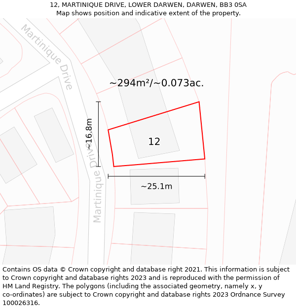 12, MARTINIQUE DRIVE, LOWER DARWEN, DARWEN, BB3 0SA: Plot and title map