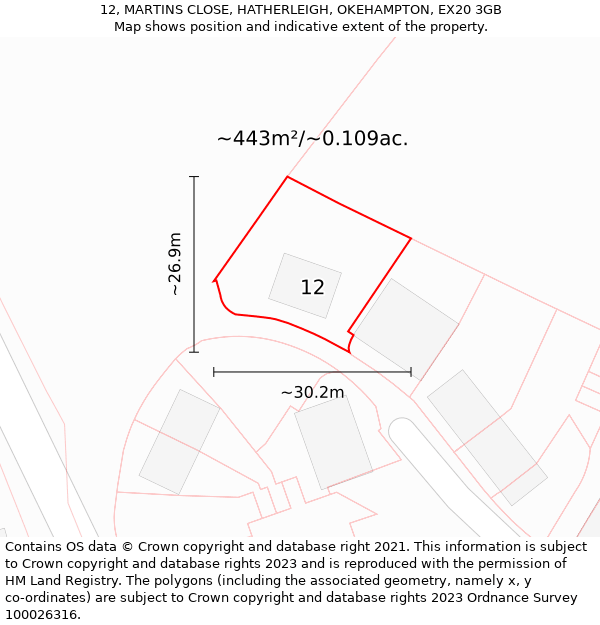 12, MARTINS CLOSE, HATHERLEIGH, OKEHAMPTON, EX20 3GB: Plot and title map