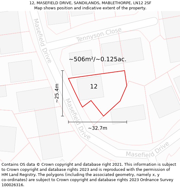 12, MASEFIELD DRIVE, SANDILANDS, MABLETHORPE, LN12 2SF: Plot and title map
