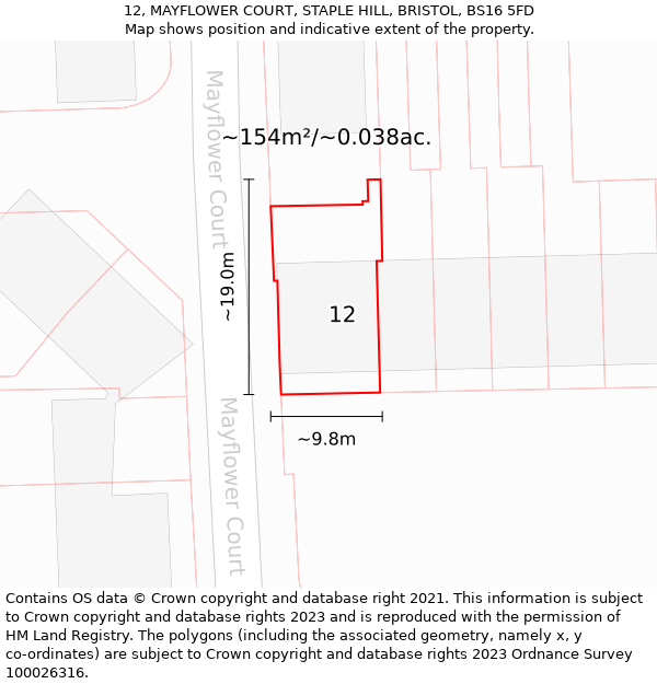 12, MAYFLOWER COURT, STAPLE HILL, BRISTOL, BS16 5FD: Plot and title map