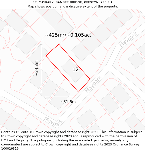 12, MAYPARK, BAMBER BRIDGE, PRESTON, PR5 8JA: Plot and title map