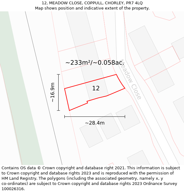 12, MEADOW CLOSE, COPPULL, CHORLEY, PR7 4LQ: Plot and title map