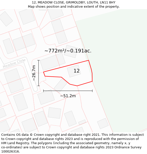 12, MEADOW CLOSE, GRIMOLDBY, LOUTH, LN11 8HY: Plot and title map