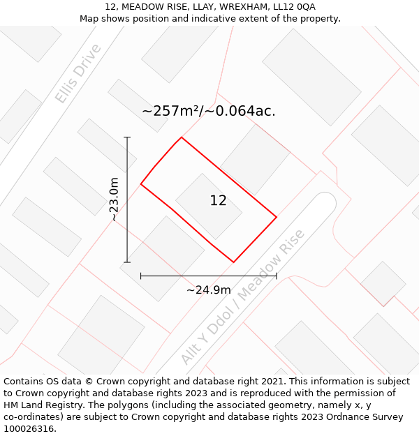 12, MEADOW RISE, LLAY, WREXHAM, LL12 0QA: Plot and title map