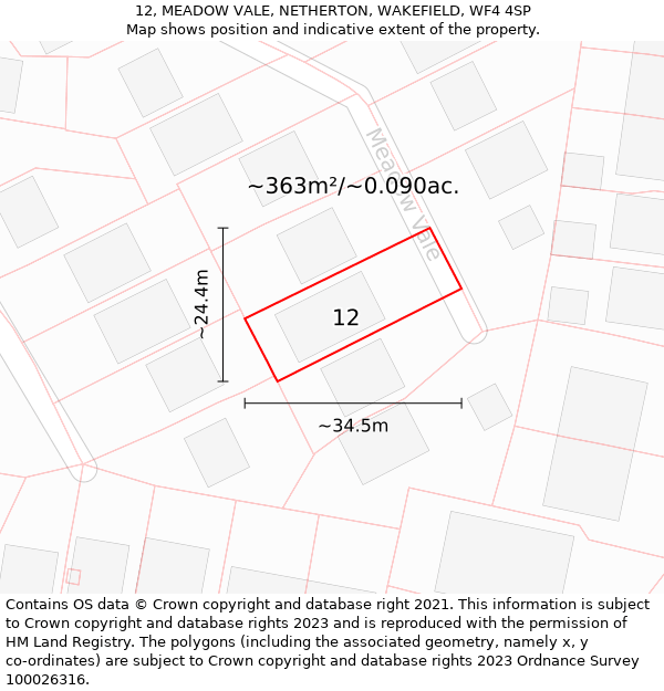 12, MEADOW VALE, NETHERTON, WAKEFIELD, WF4 4SP: Plot and title map