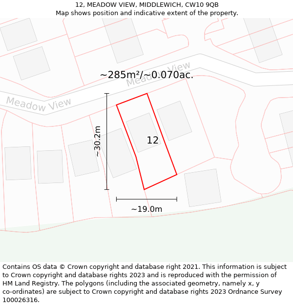 12, MEADOW VIEW, MIDDLEWICH, CW10 9QB: Plot and title map