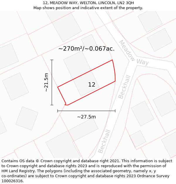 12, MEADOW WAY, WELTON, LINCOLN, LN2 3QH: Plot and title map