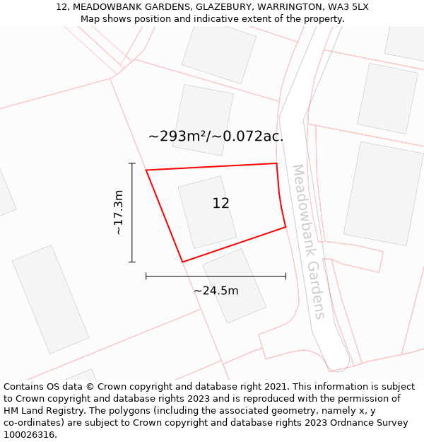 12, MEADOWBANK GARDENS, GLAZEBURY, WARRINGTON, WA3 5LX: Plot and title map