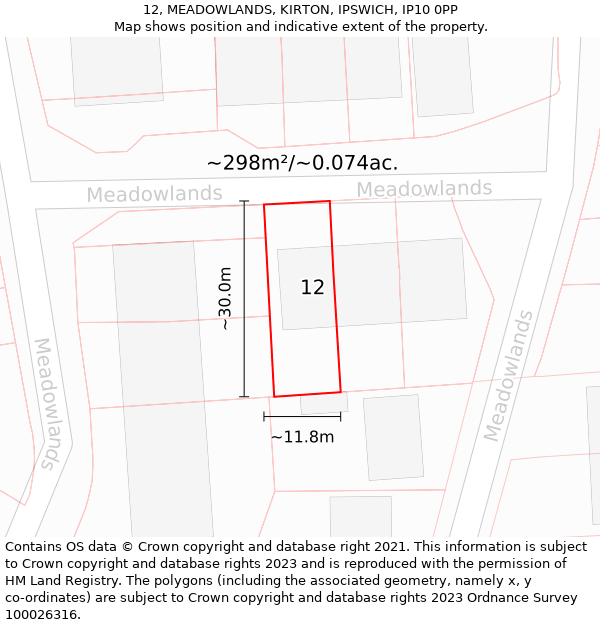 12, MEADOWLANDS, KIRTON, IPSWICH, IP10 0PP: Plot and title map