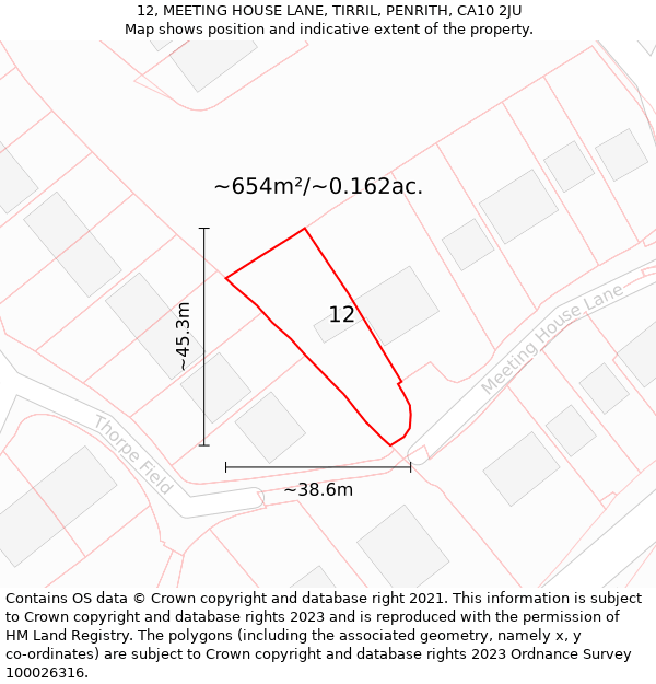 12, MEETING HOUSE LANE, TIRRIL, PENRITH, CA10 2JU: Plot and title map