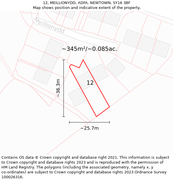 12, MEILLIONYDD, ADFA, NEWTOWN, SY16 3BF: Plot and title map