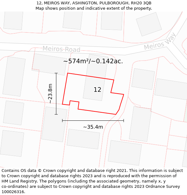 12, MEIROS WAY, ASHINGTON, PULBOROUGH, RH20 3QB: Plot and title map