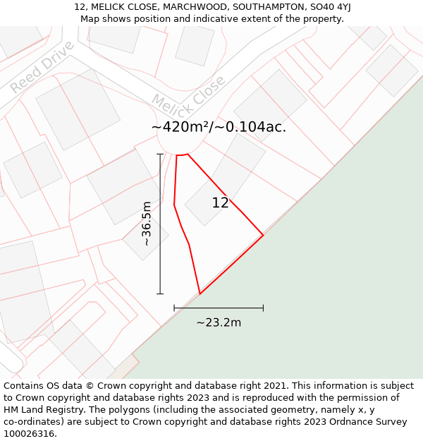 12, MELICK CLOSE, MARCHWOOD, SOUTHAMPTON, SO40 4YJ: Plot and title map