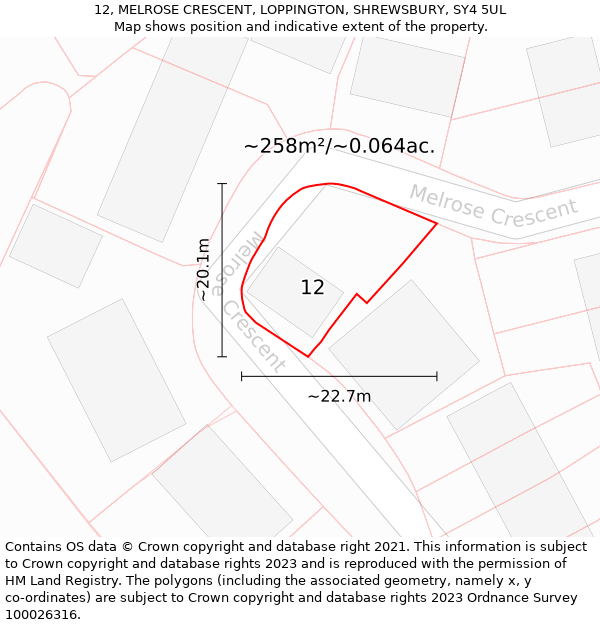 12, MELROSE CRESCENT, LOPPINGTON, SHREWSBURY, SY4 5UL: Plot and title map