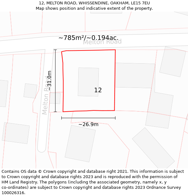 12, MELTON ROAD, WHISSENDINE, OAKHAM, LE15 7EU: Plot and title map