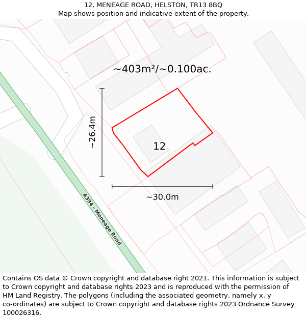 12, MENEAGE ROAD, HELSTON, TR13 8BQ: Plot and title map