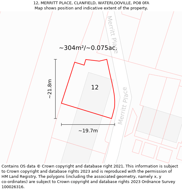 12, MERRITT PLACE, CLANFIELD, WATERLOOVILLE, PO8 0FA: Plot and title map